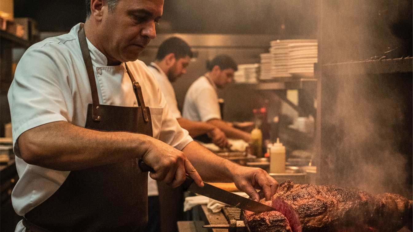 Fatiando picanha grelhada em churrascaria brasileira