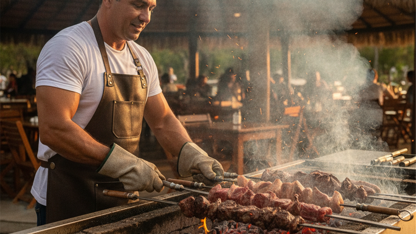 Balcao de acougue brasileiro com cortes de carne premium e churrasqueira ao fundo