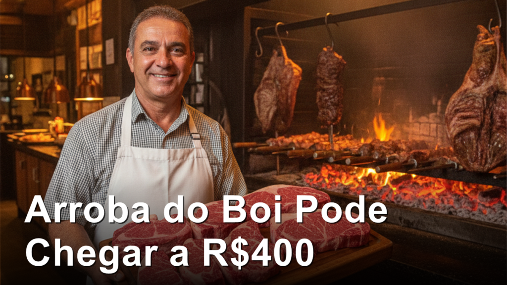 Acougueiro brasileiro com cortes de carne premium e churrasqueira ao fundo