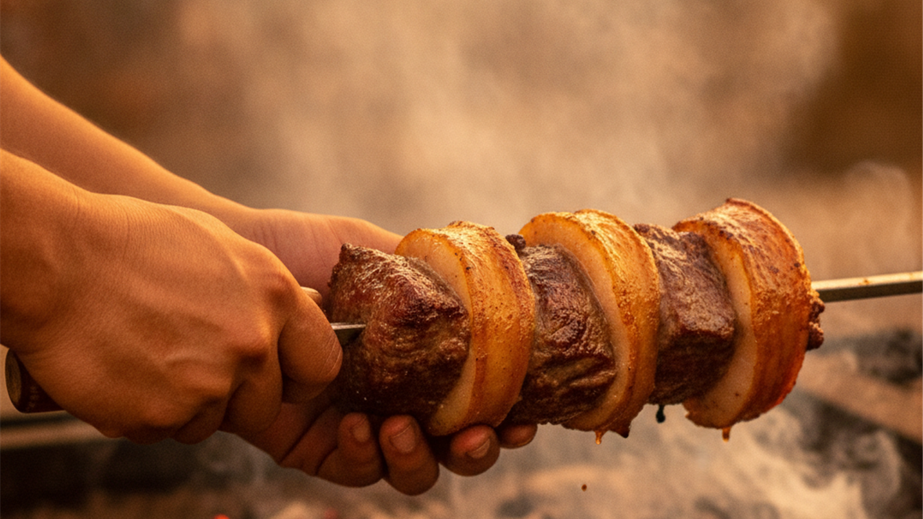 Detalhe de maos segurando espeto de picanha grelhada