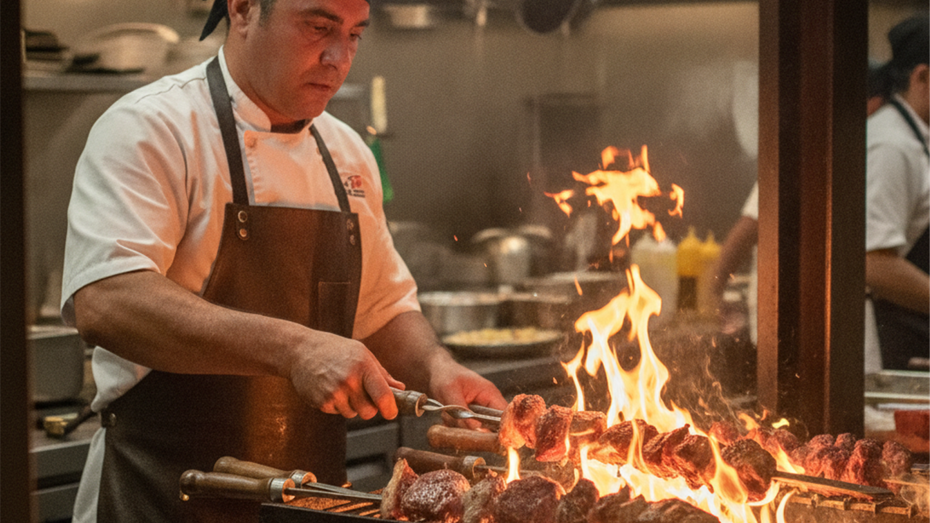 Churrasqueiro grelhando espetinhos de carne no fogo