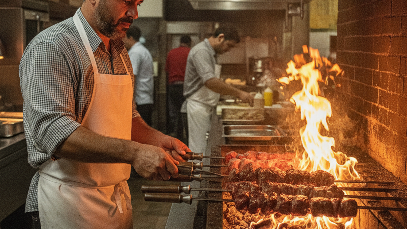 Churrasqueiro grelhando espetinhos de picanha na brasa