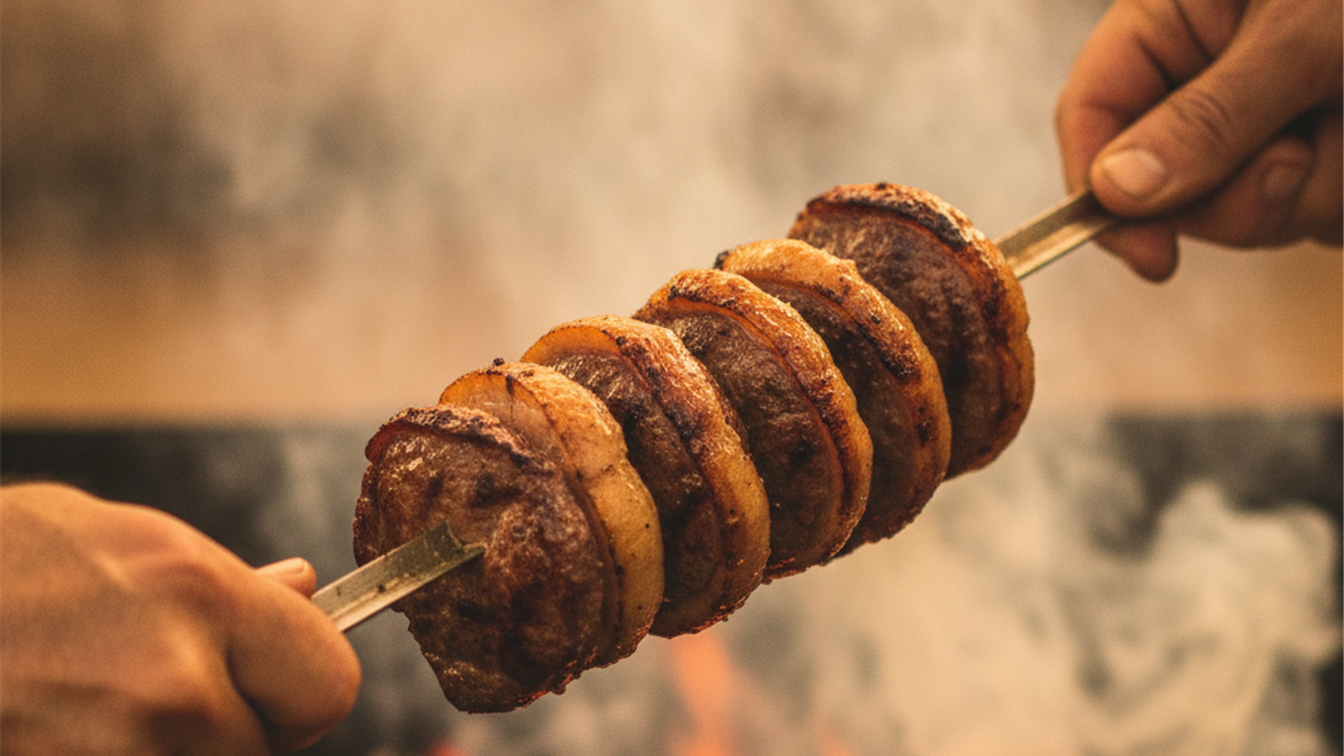 Detalhe de maos segurando espeto de picanha grelhada