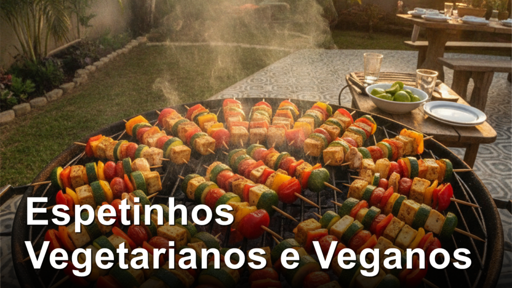 espetinhos vegetarianos grelhando na churrasqueira