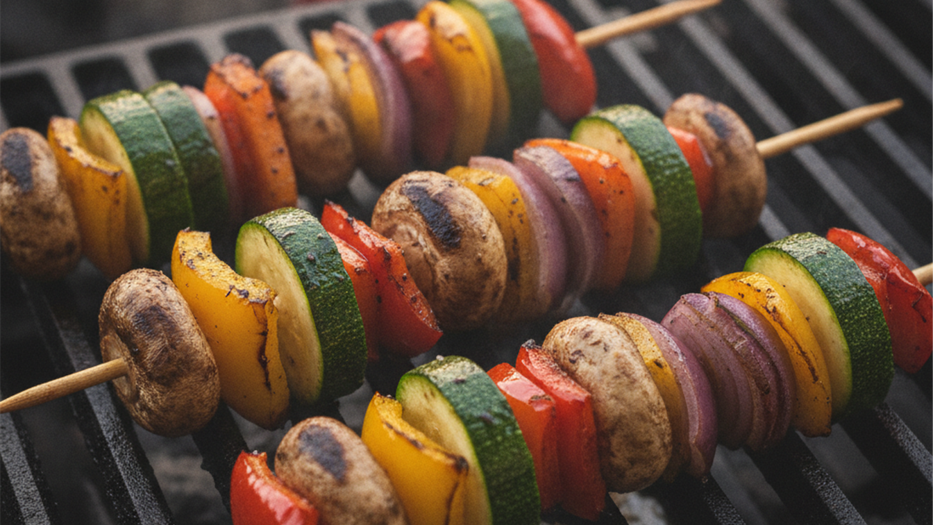 espetinhos de legumes grelhados com marcas de brasa