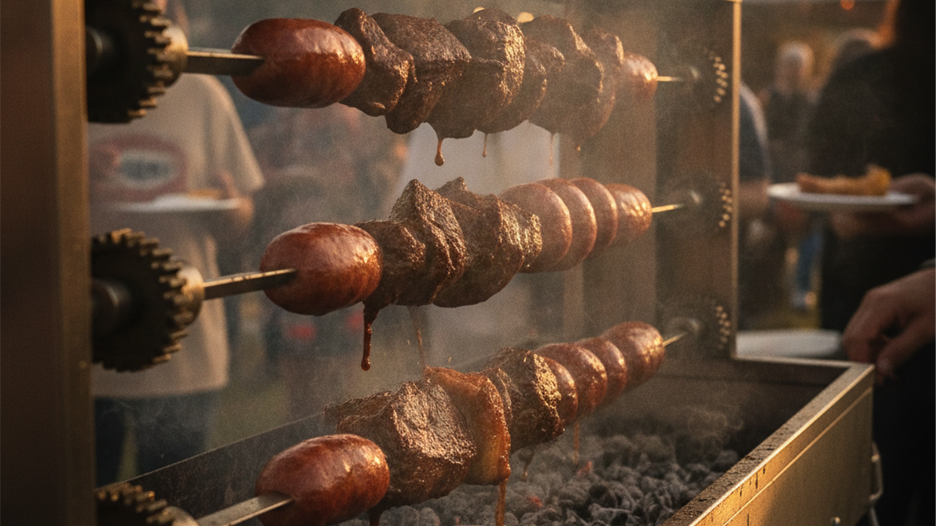 Espeto giratorio eletrico com carne em festival de churrasco