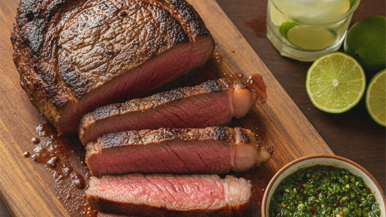 Fraldinha fatiada na tabua com chimichurri Fraldinha fatiada em tabua de madeira com molho chimichurri