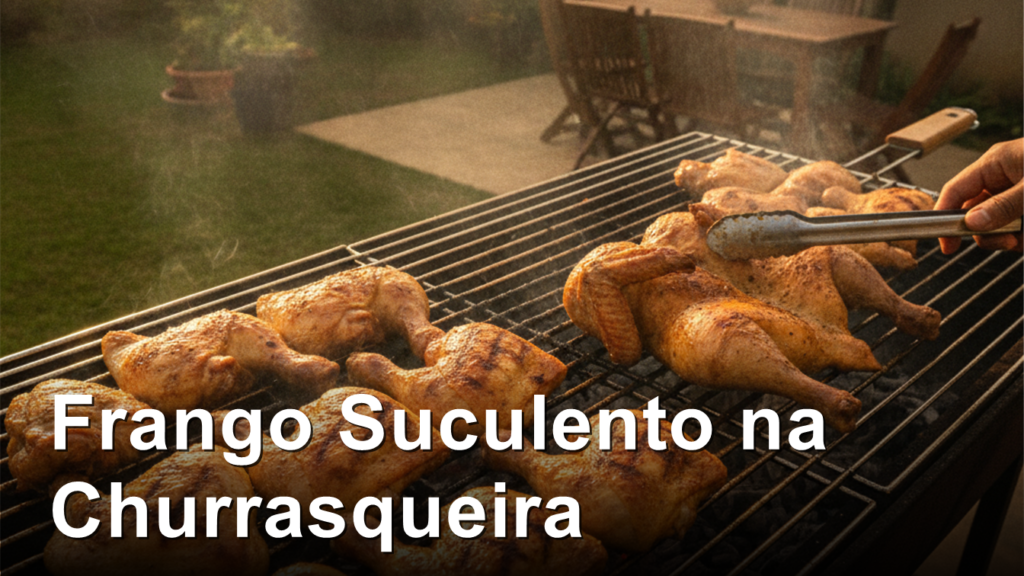 Pedacos de frango grelhando na churrasqueira com fumaca