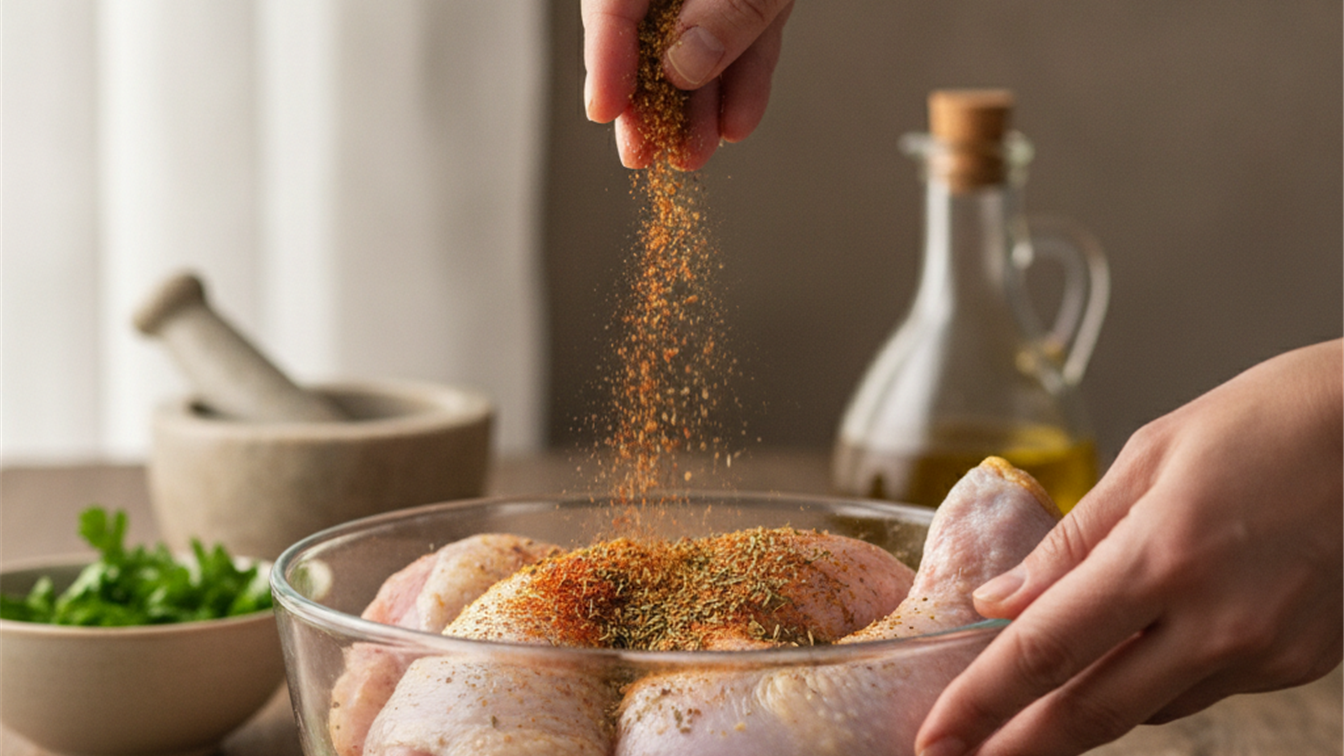 Maos temperando pedacos de frango cru em tigela de vidro