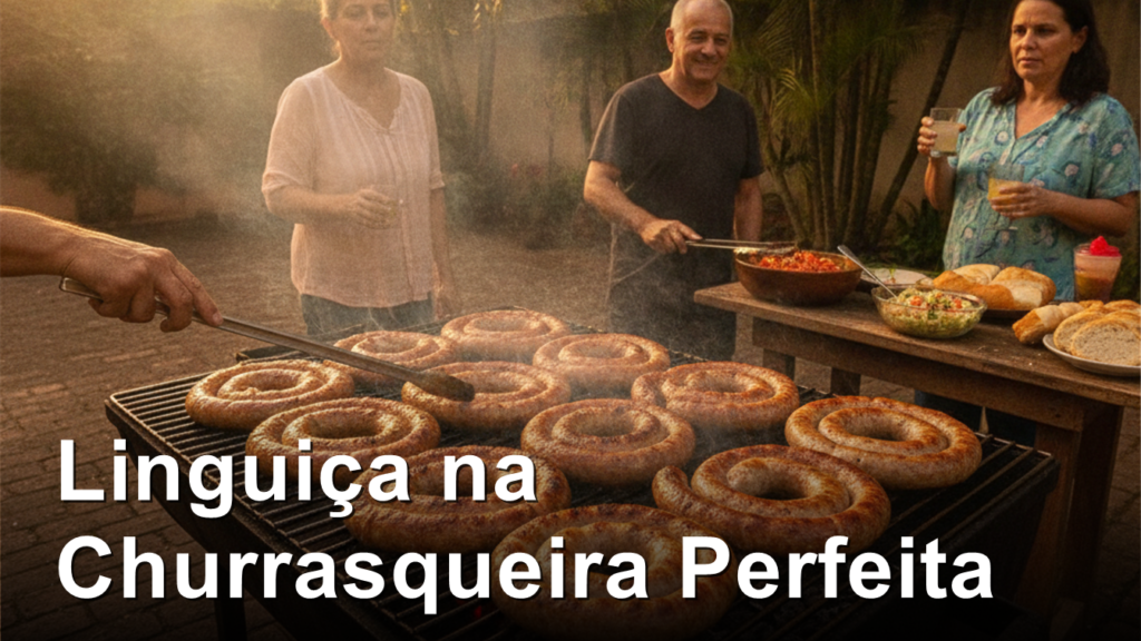 Linguica grelhando na churrasqueira com fumaca
