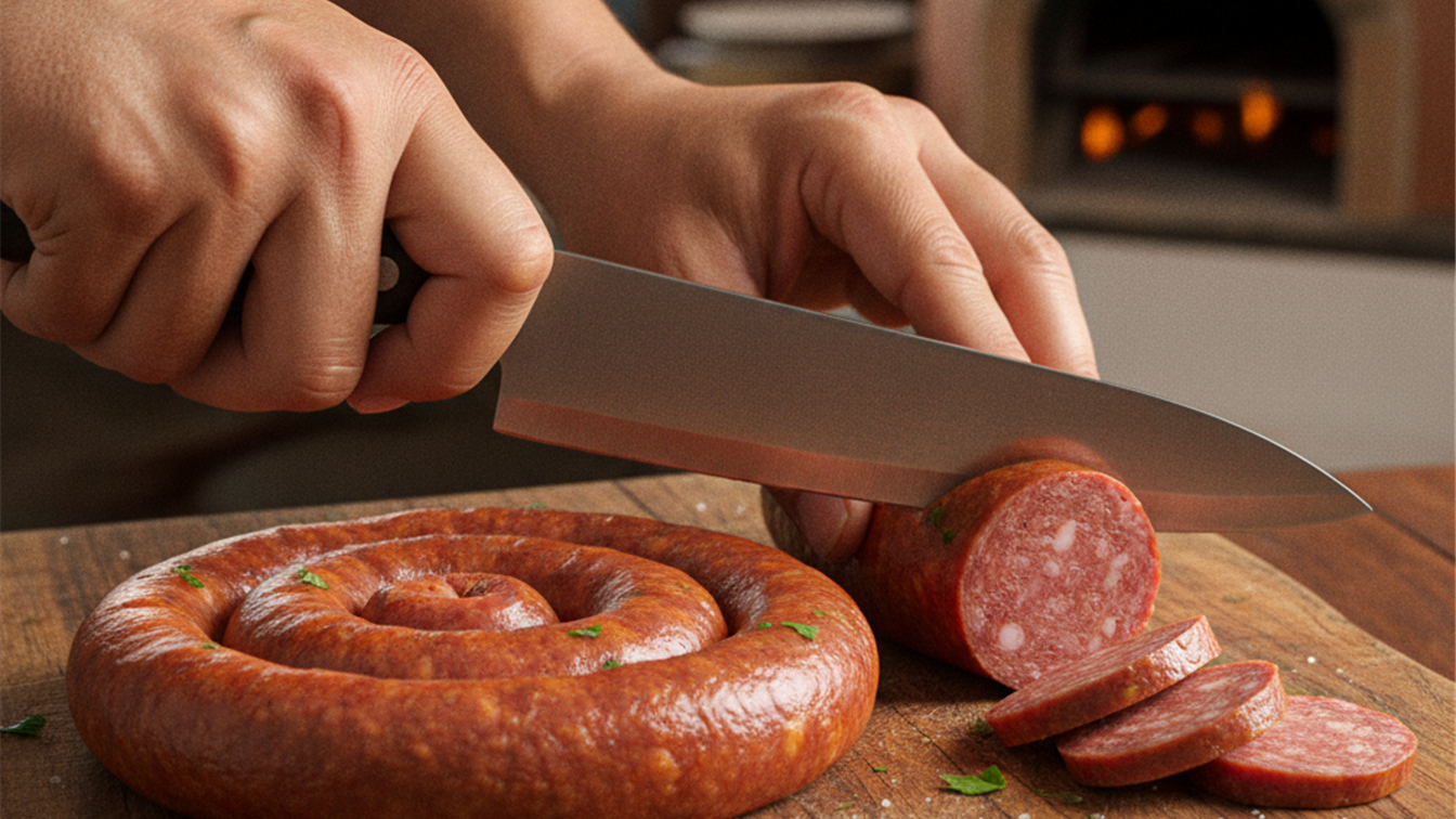 Maos fatiando linguica fresca na tabua de corte