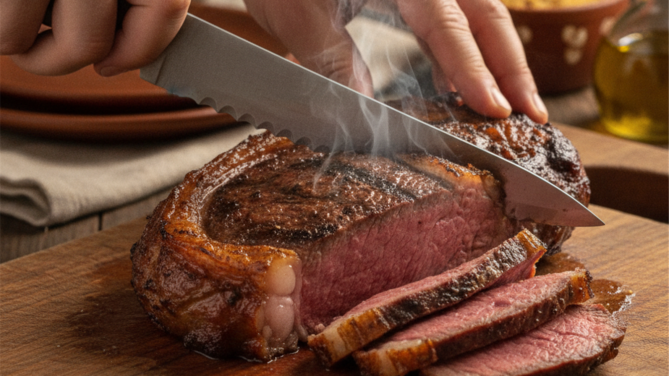 Maos fatiando picanha grelhada na tabua de madeira