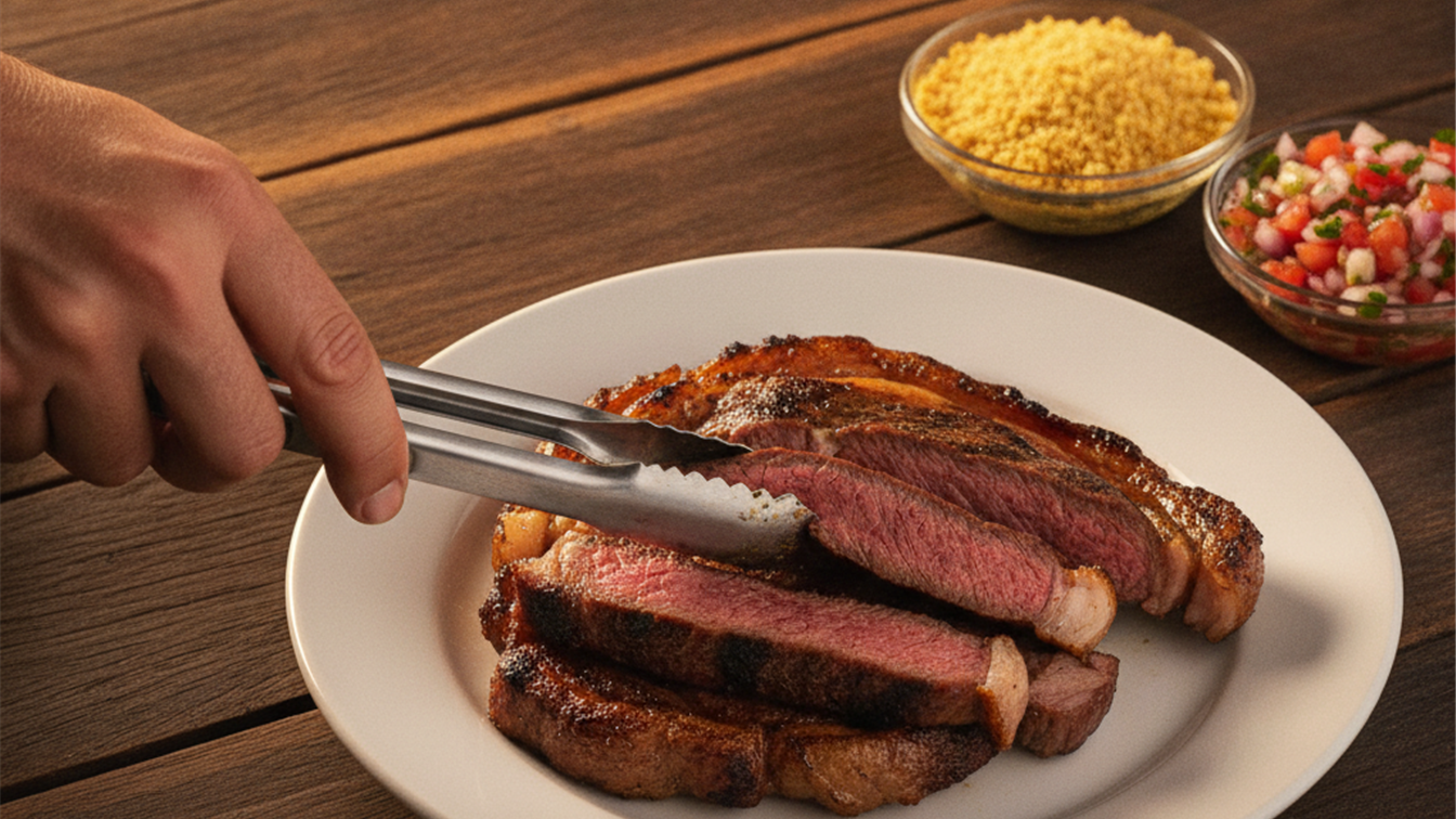 Maos servindo picanha fatiada em um prato