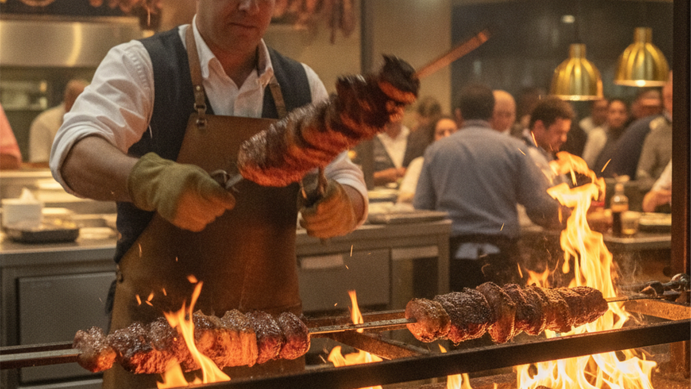 Churrasqueiro grelhando espetinhos de picanha na brasa