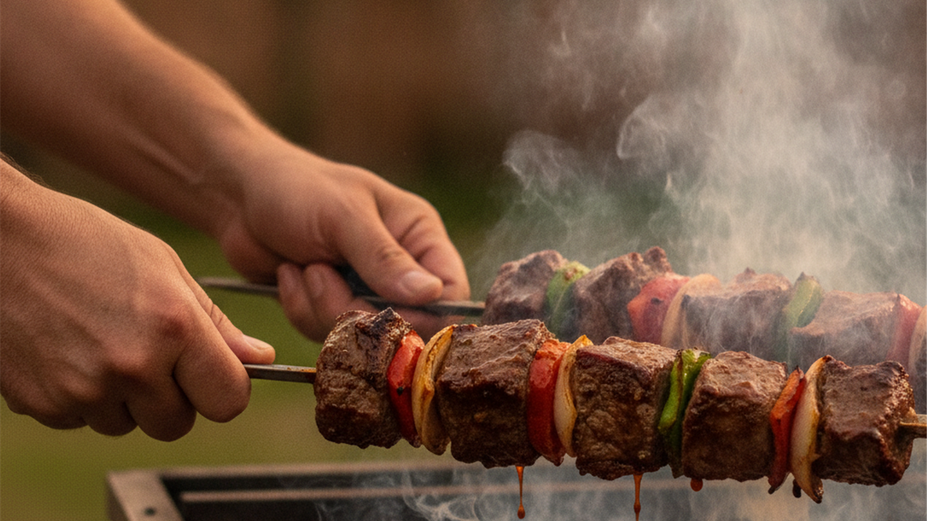 Maos segurando espeto de picanha grelhada sobre brasa