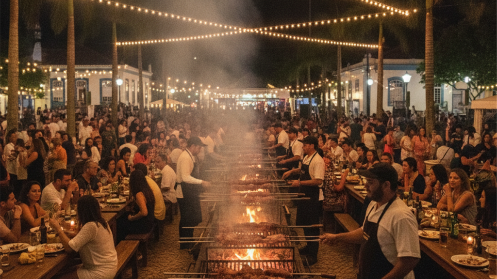 Festival de churrasco no Brasil com fumaca e multidao