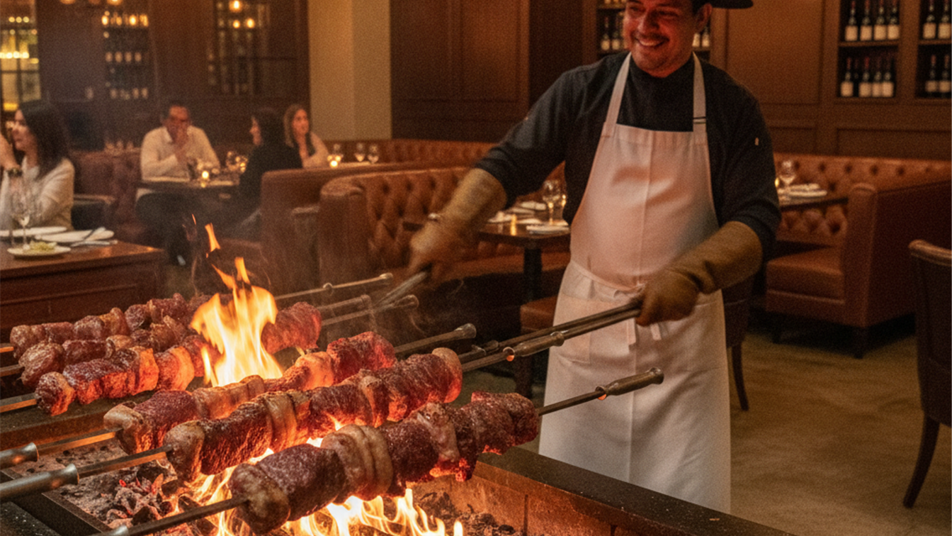 Churrasqueiro grelhando espetinhos de picanha na brasa