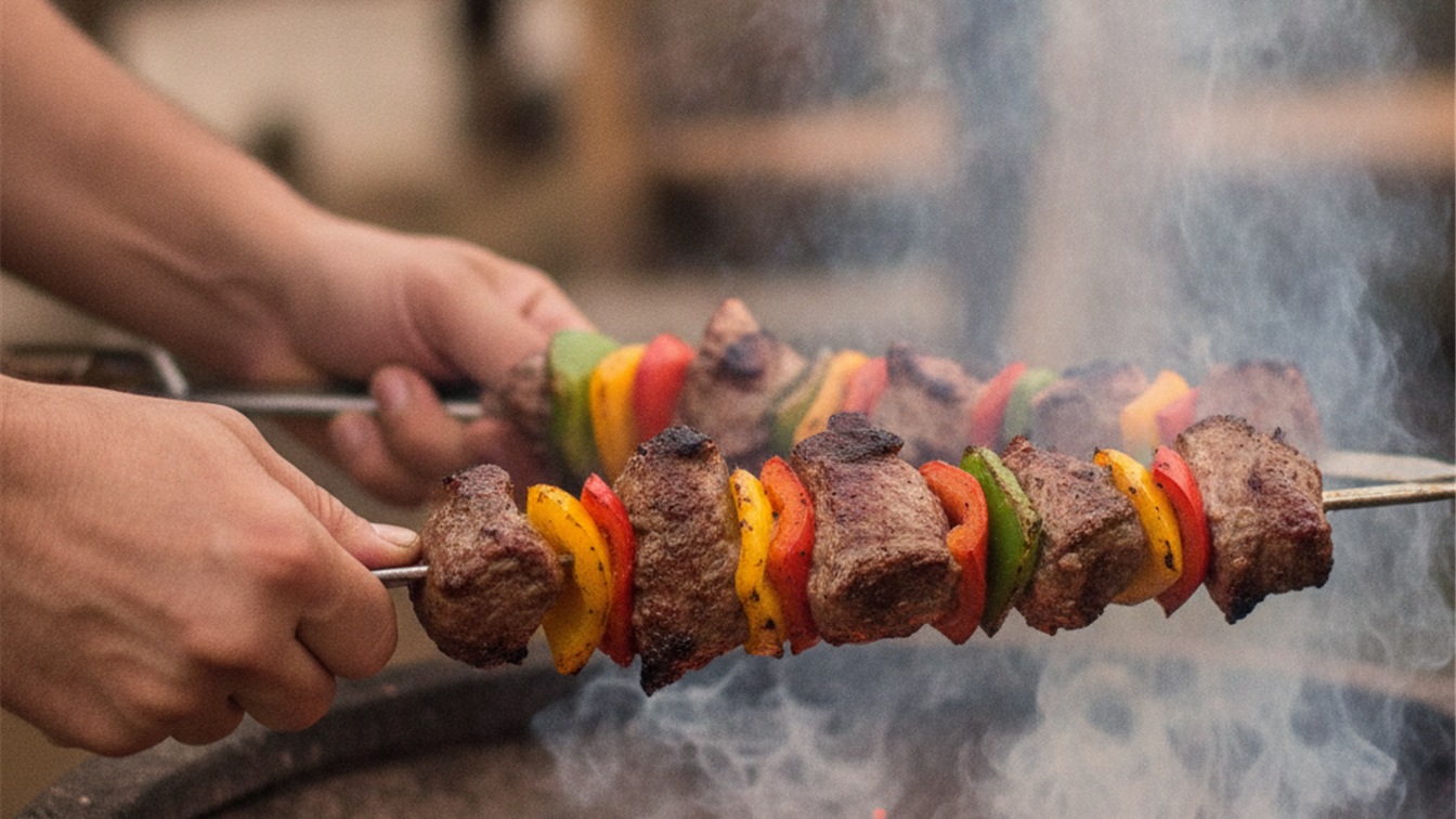 Maos segurando espeto de picanha grelhada sobre brasa