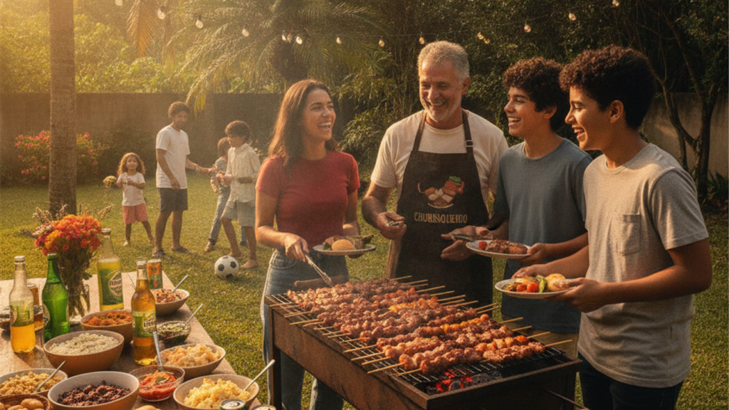 Familia brasileira reunida em churrasco no Dia dos Pais