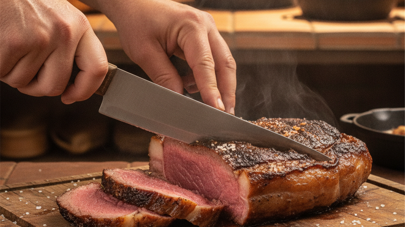 Maos fatiando picanha premium em tabua de madeira com sal grosso