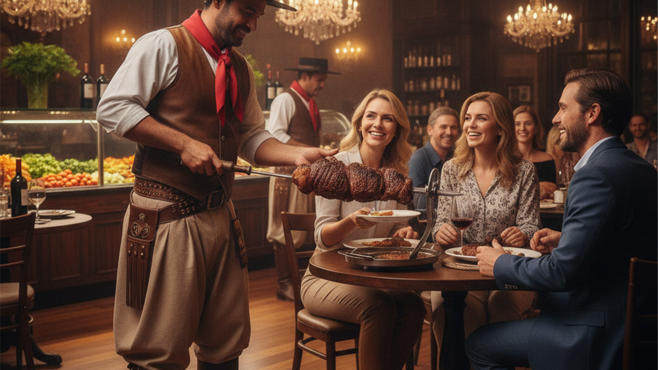 Garcom servindo espeto de carne grelhada em churrascaria tradicional brasileira