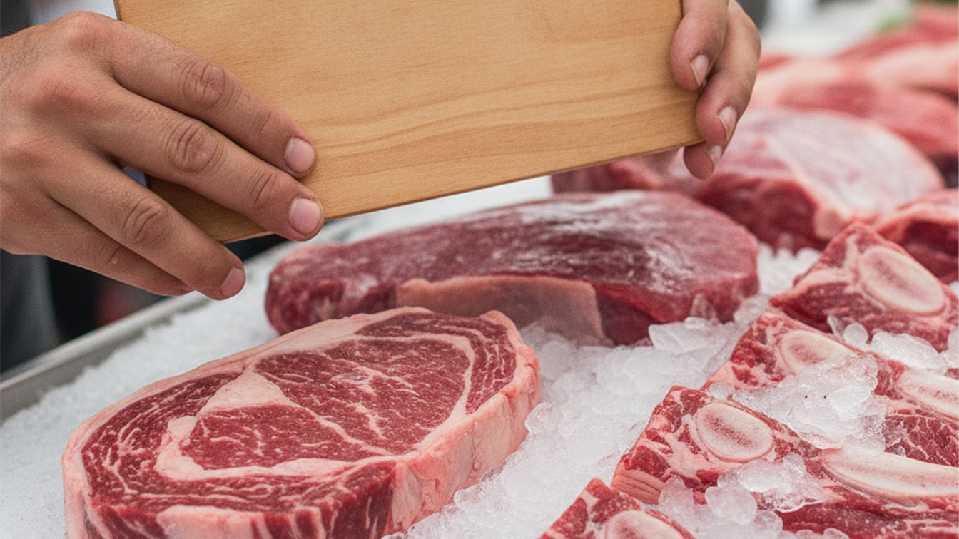 Placa de preco de madeira ao lado de cortes de carne bovina fresca sobre gelo em banca de mercado