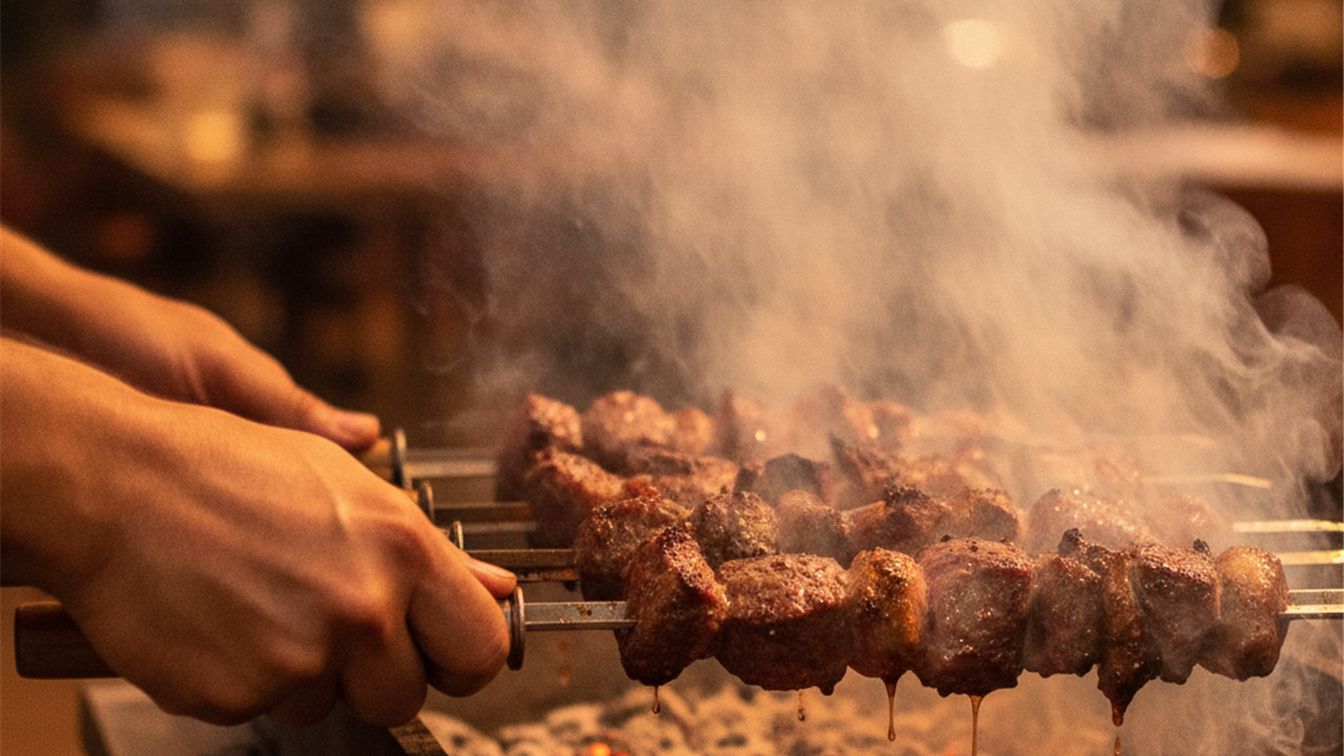 Maos virando espetinhos de carne na brasa com fumaca subindo
