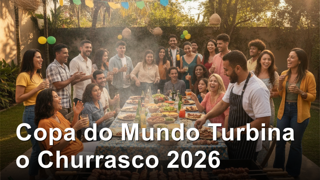 Familia brasileira reunida em churrasco no quintal com espetinhos na churrasqueira