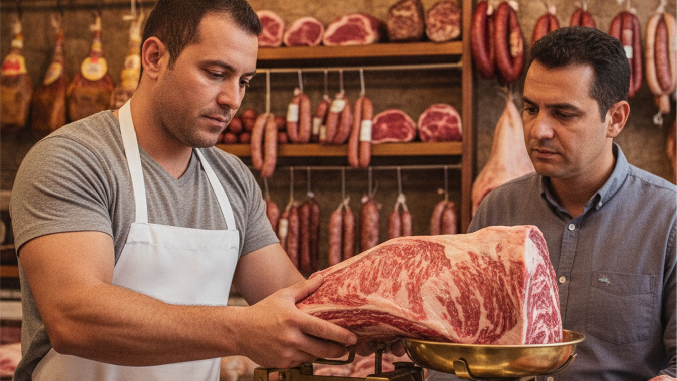 Acougueiro pesando corte de carne premium para cliente em acougue
