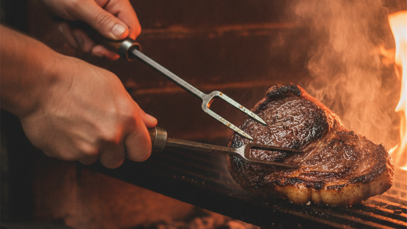 Maos virando corte de carne na brasa da churrasqueira com fumaca