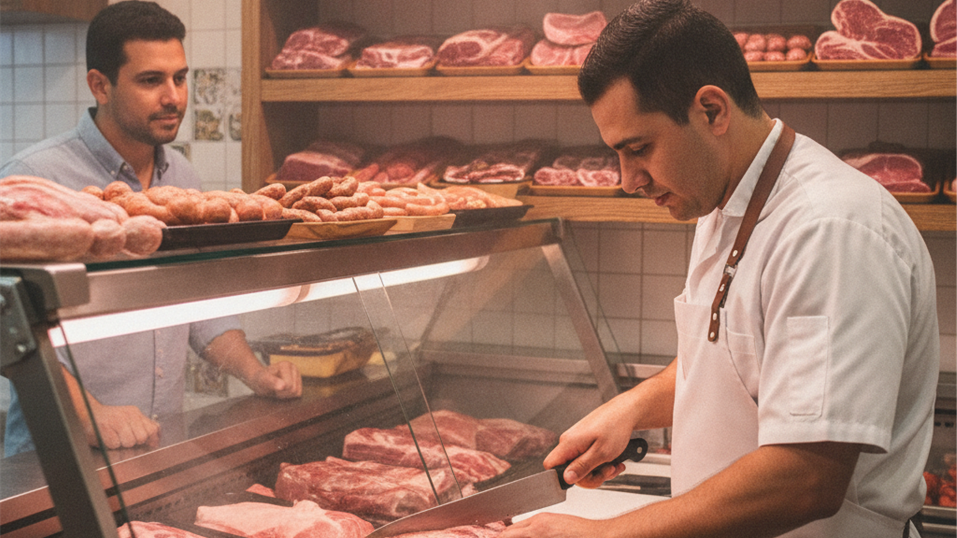 Acougueiro fatiando corte premium de carne no acougue para cliente