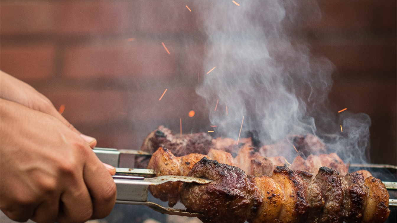 Maos virando espetos de carne na brasa da churrasqueira com fumaca