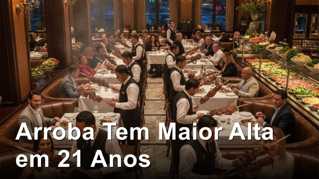 Salao de churrascaria brasileira cheio com garcons servindo espetos de carne
