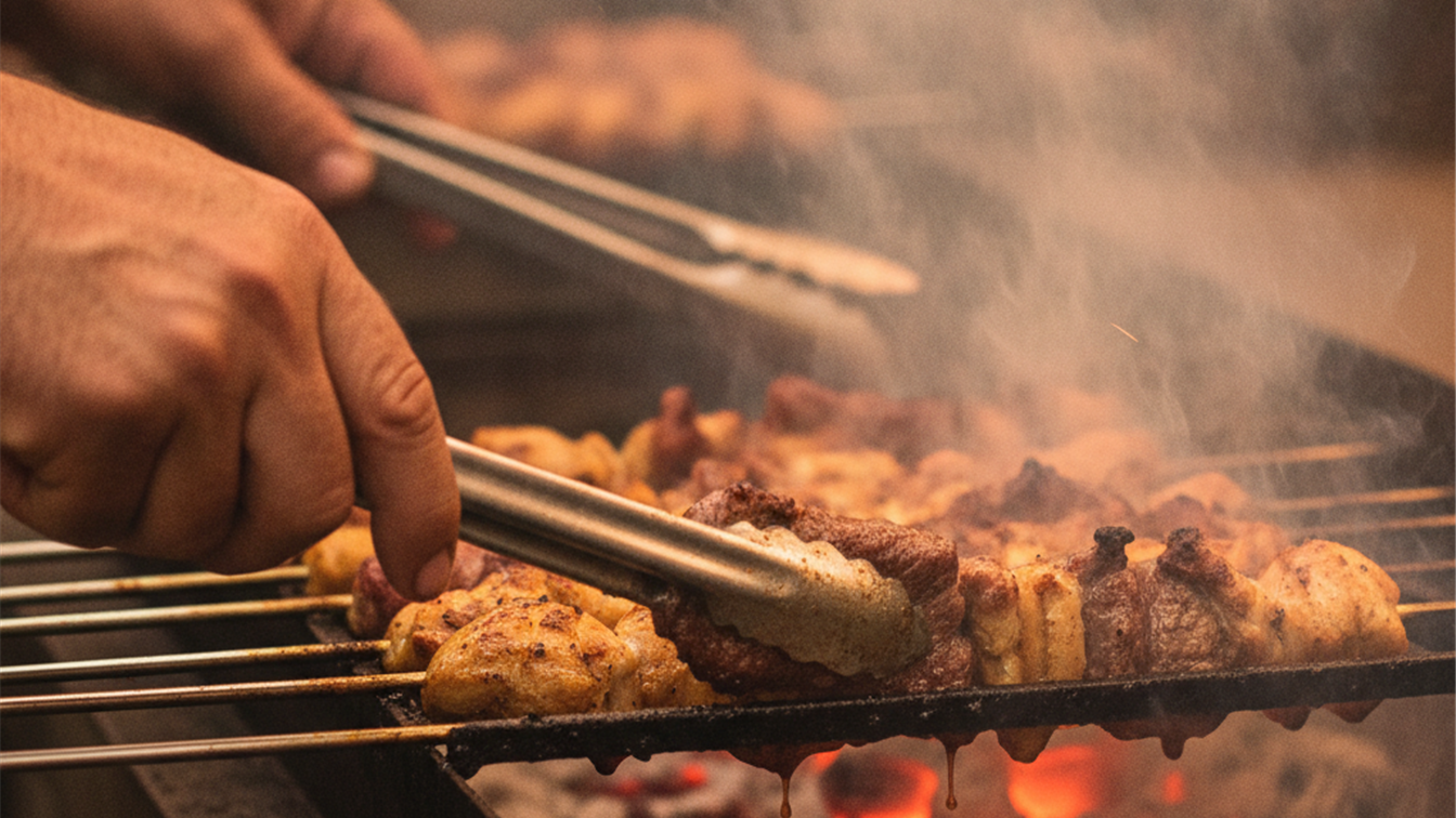 Maos virando espetos de frango e carne na brasa da churrasqueira com fumaca
