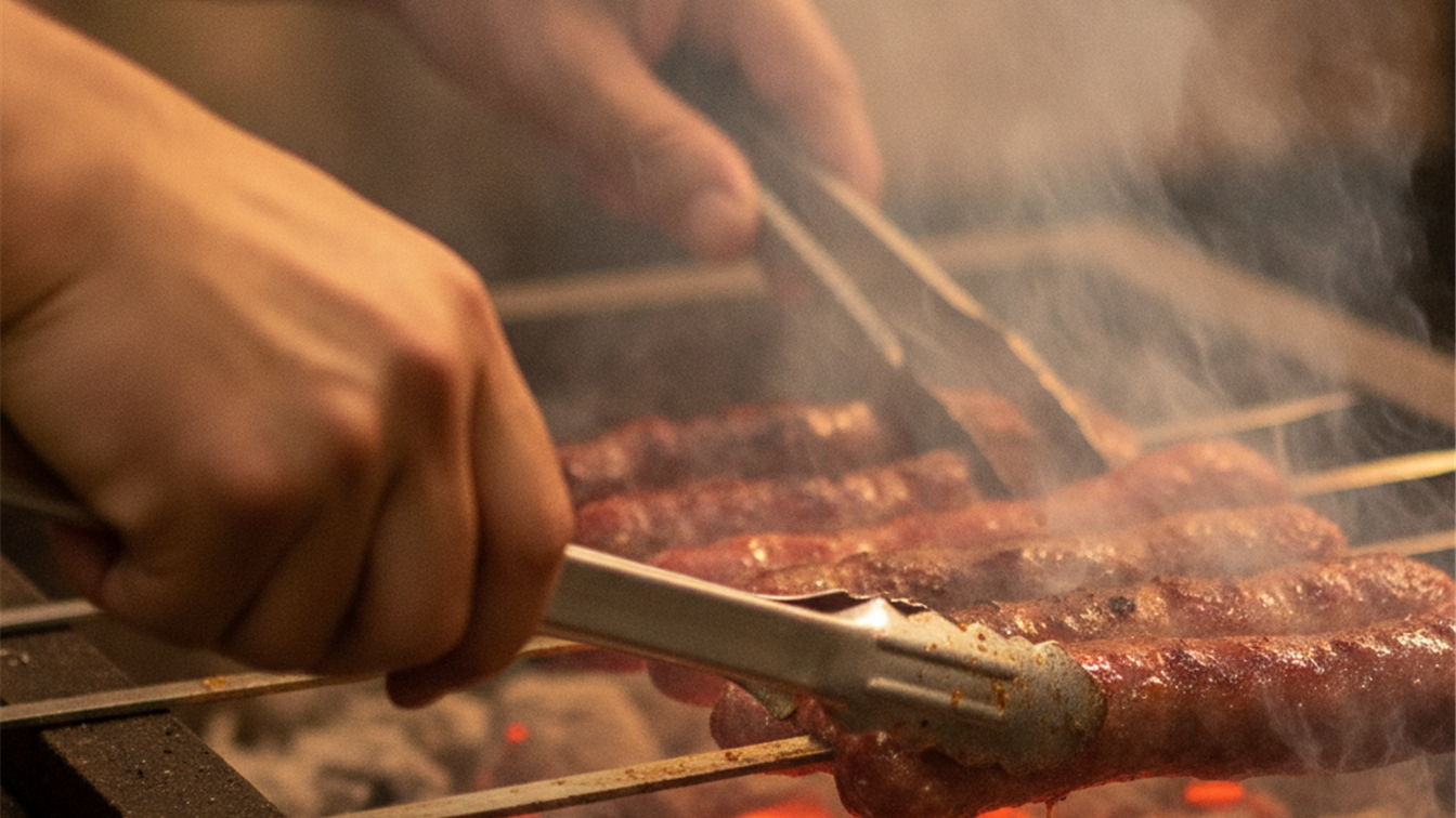 Maos virando espetos de carne e linguica na brasa da churrasqueira com fumaca