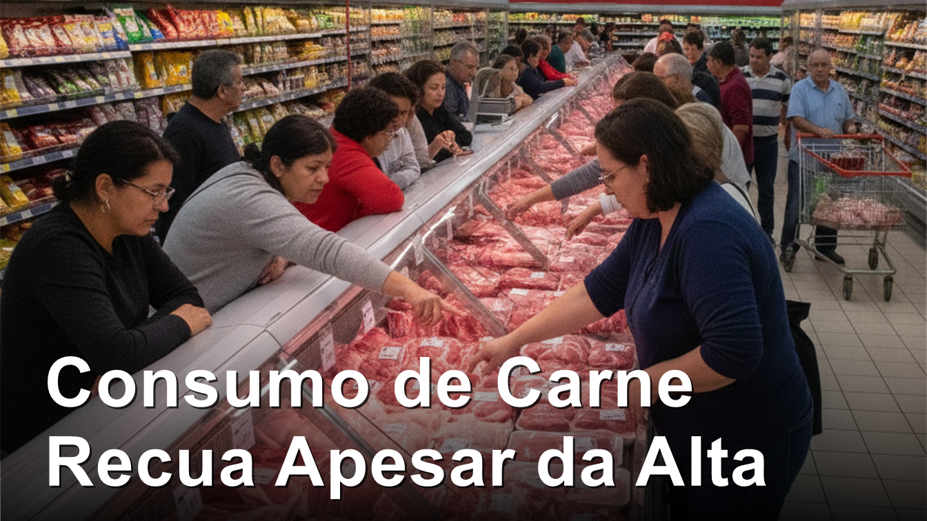 Cliente comparando cortes de carne bovina e frango em balcao de supermercado no Brasil
