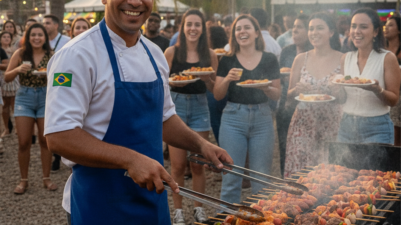 Chef preparando espetinhos em festival de churrasco no Brasil