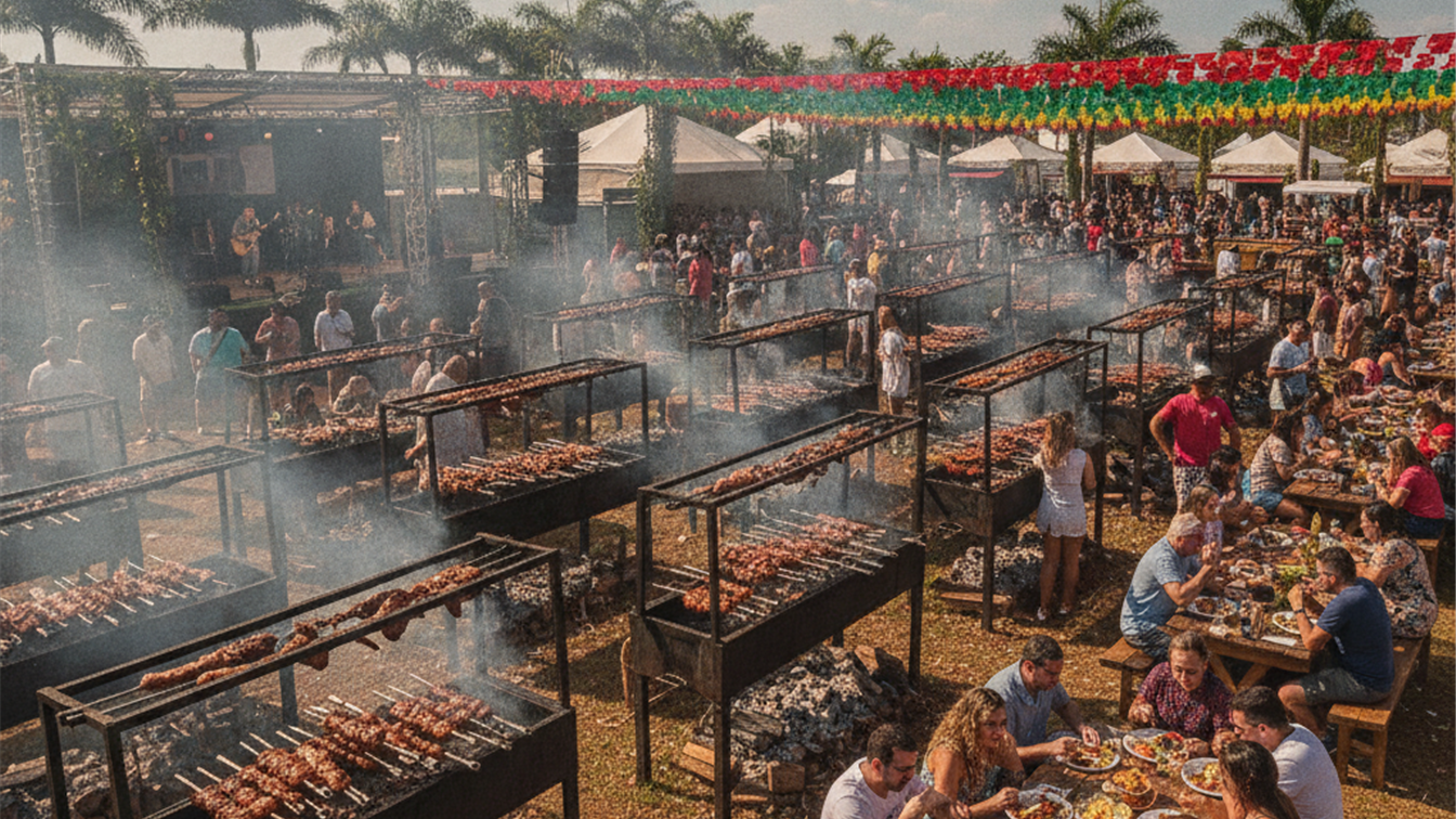 Brazilian BBQ festival with multiple grilling stations and visitors