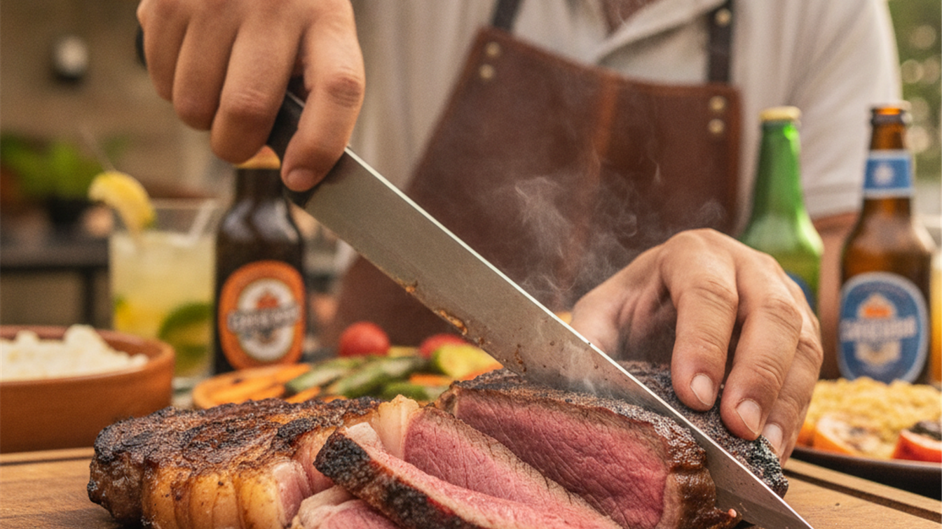Picanha fatiada suculenta em tabua de madeira