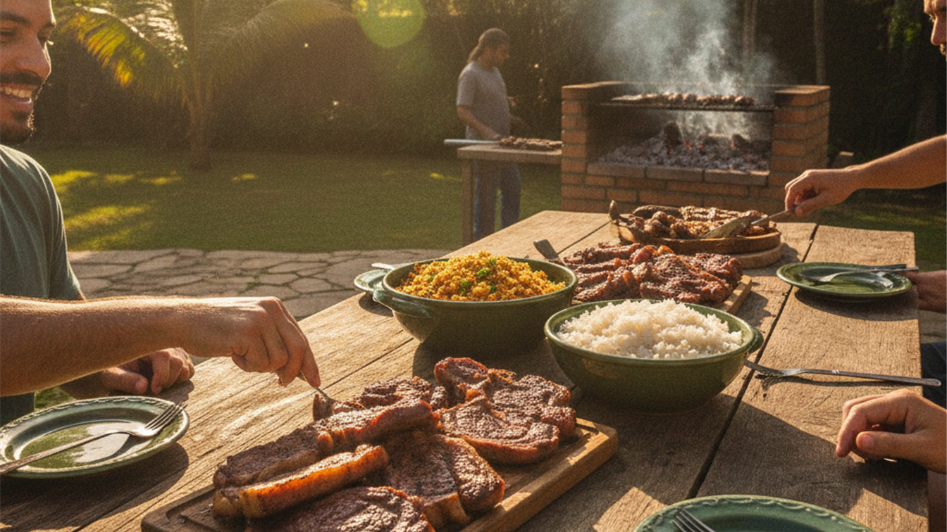 Mesa de churrasco com picanha grelhada e acompanhamentos