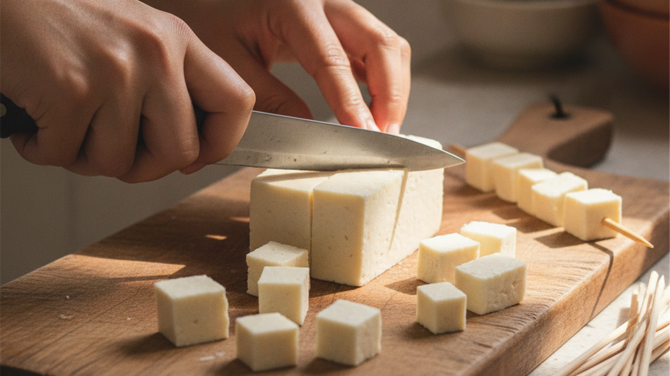 maos cortando queijo coalho em cubos para espetinho