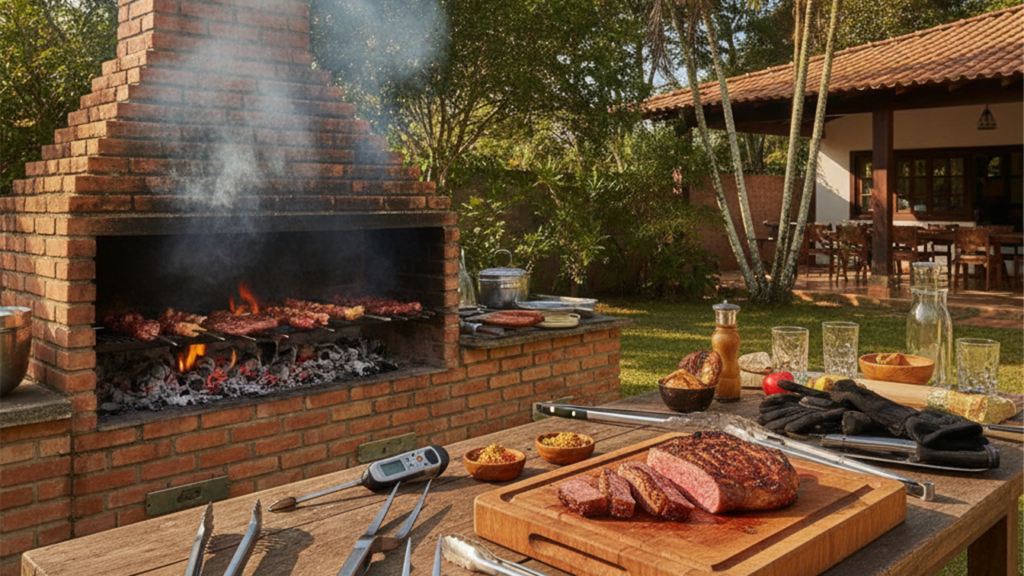 Barbecue tools and accessories displayed near a charcoal grill