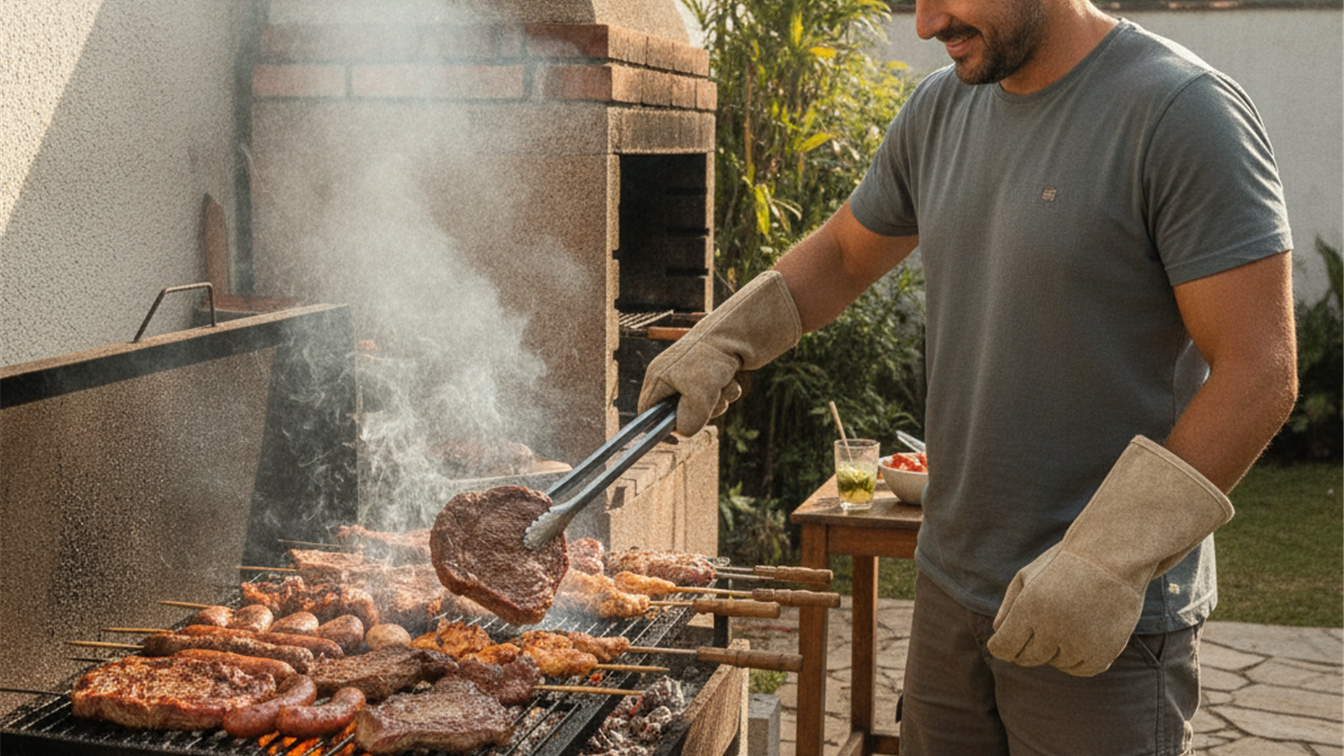 Man using tongs to turn meat on a charcoal grill