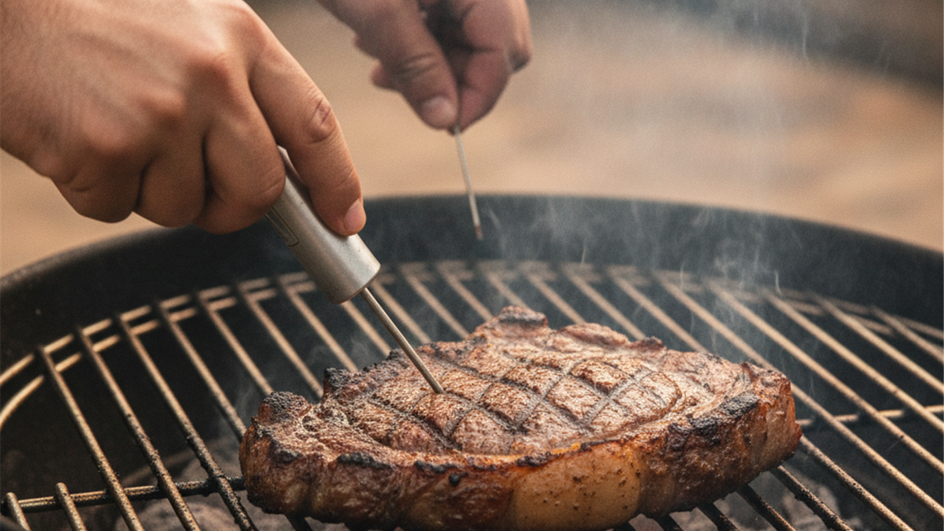 Hands inserting a meat thermometer into a grilled steak