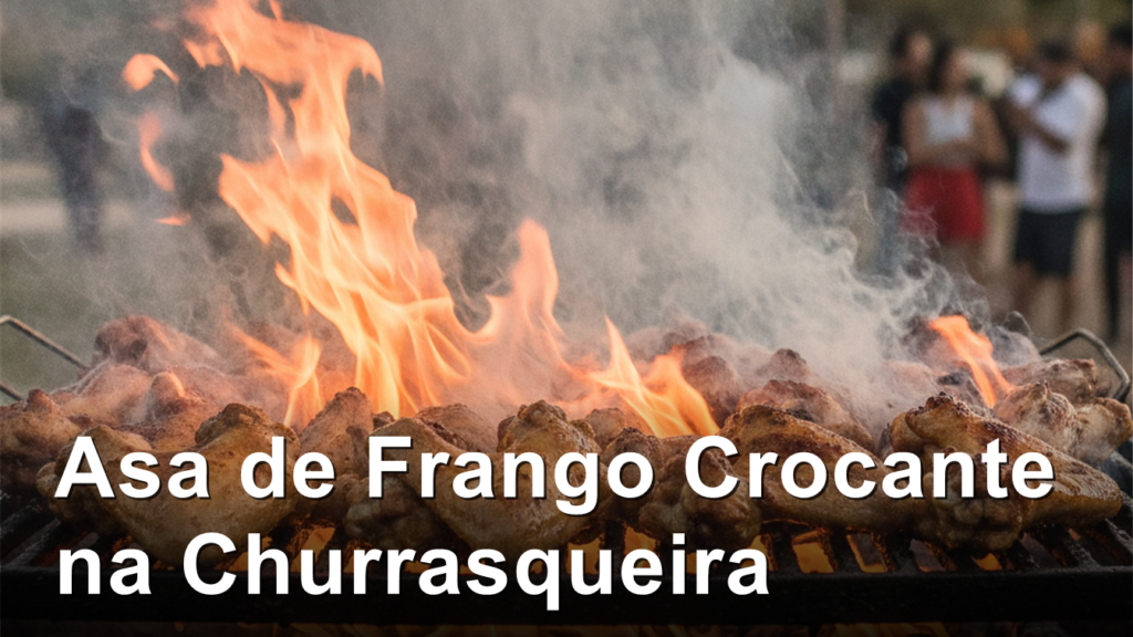 Asa de frango grelhando na churrasqueira com brasa