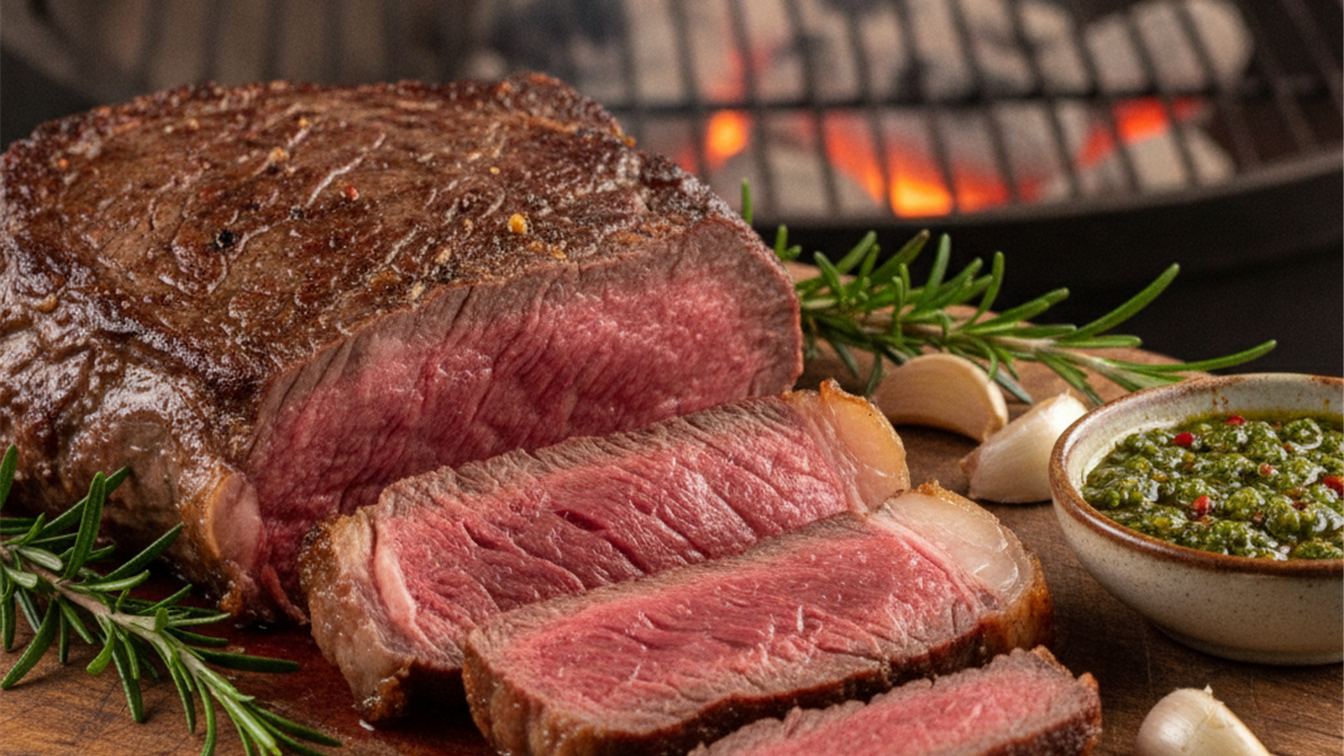 bife ancho fatiado ao ponto com chimichurri