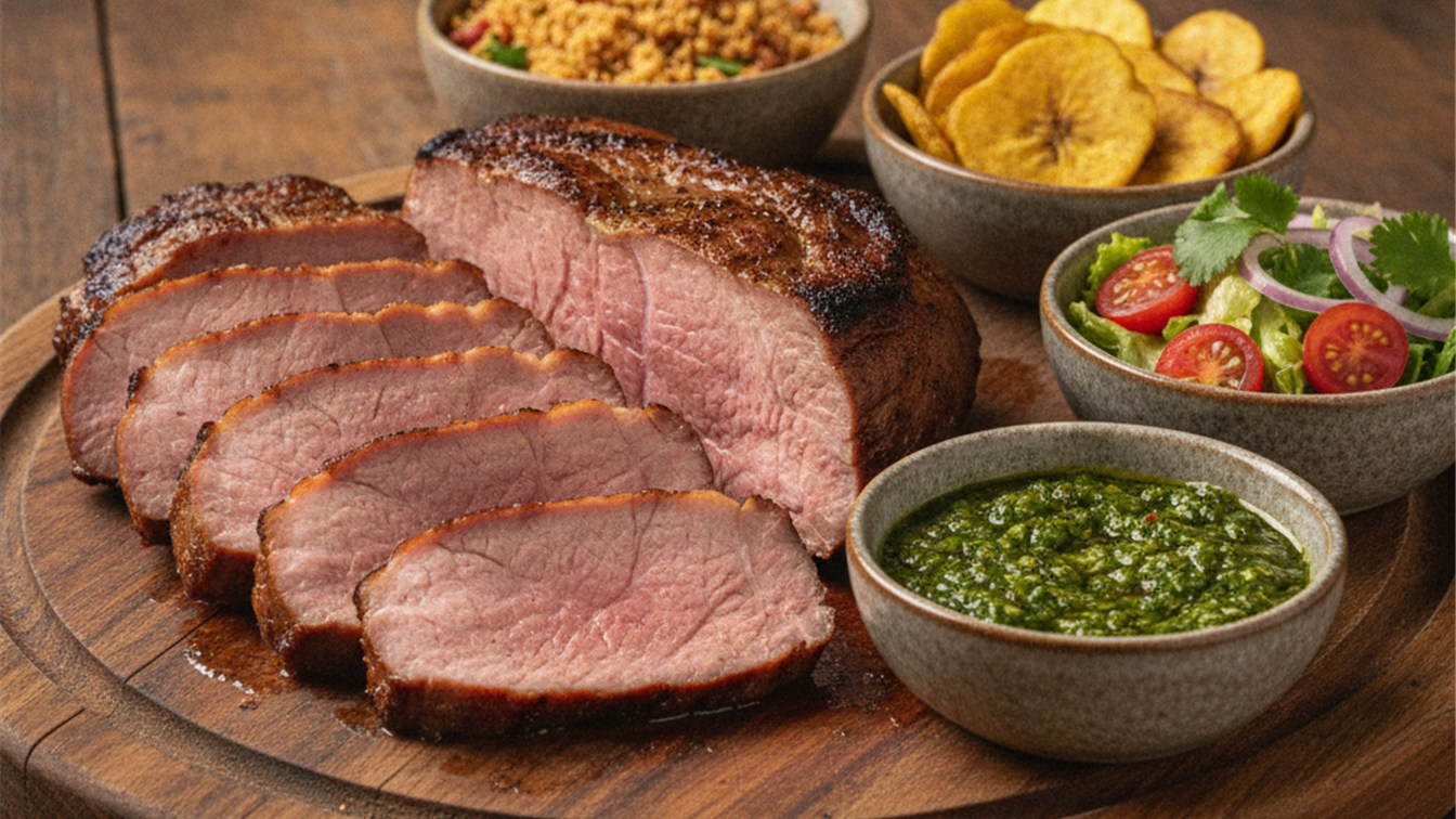 bisteca de porco fatiada ao ponto servida com molhos