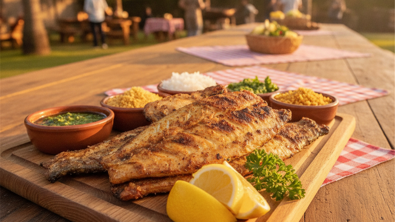 peixe grelhado servido com acompanhamentos churrasco brasileiro