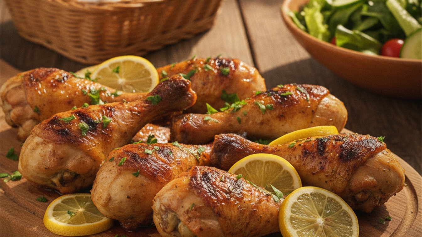 Coxa de frango assada servida em tabua com pao de alho e salada