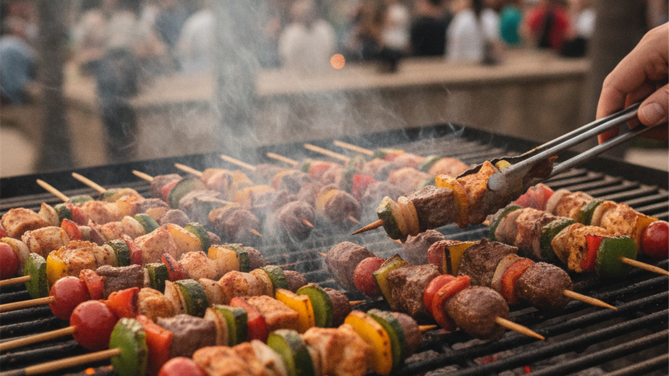 Espetinhos coloridos de carne e legumes na brasa
